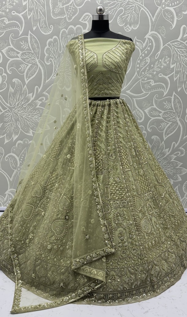 Sober Handwork Pastel Green Motif and Crystal Pipe work Designed Reception Wear Collection in Lehenga Choli